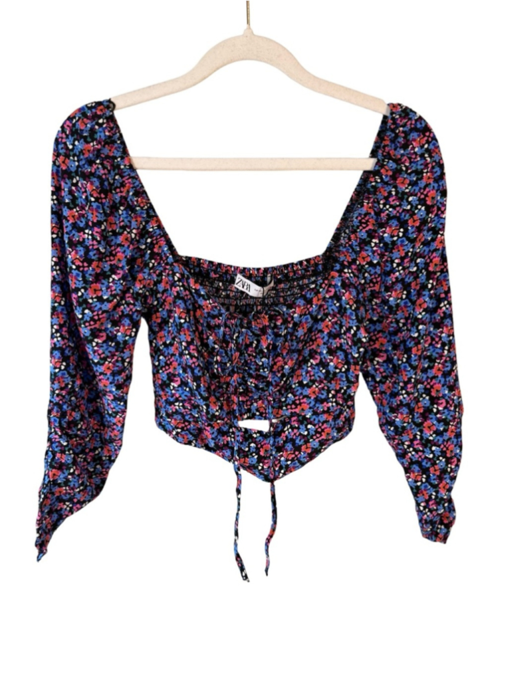 Zara Black Floral Square-Front Tie Crop Top Size XS Boho Cottagecore Festival